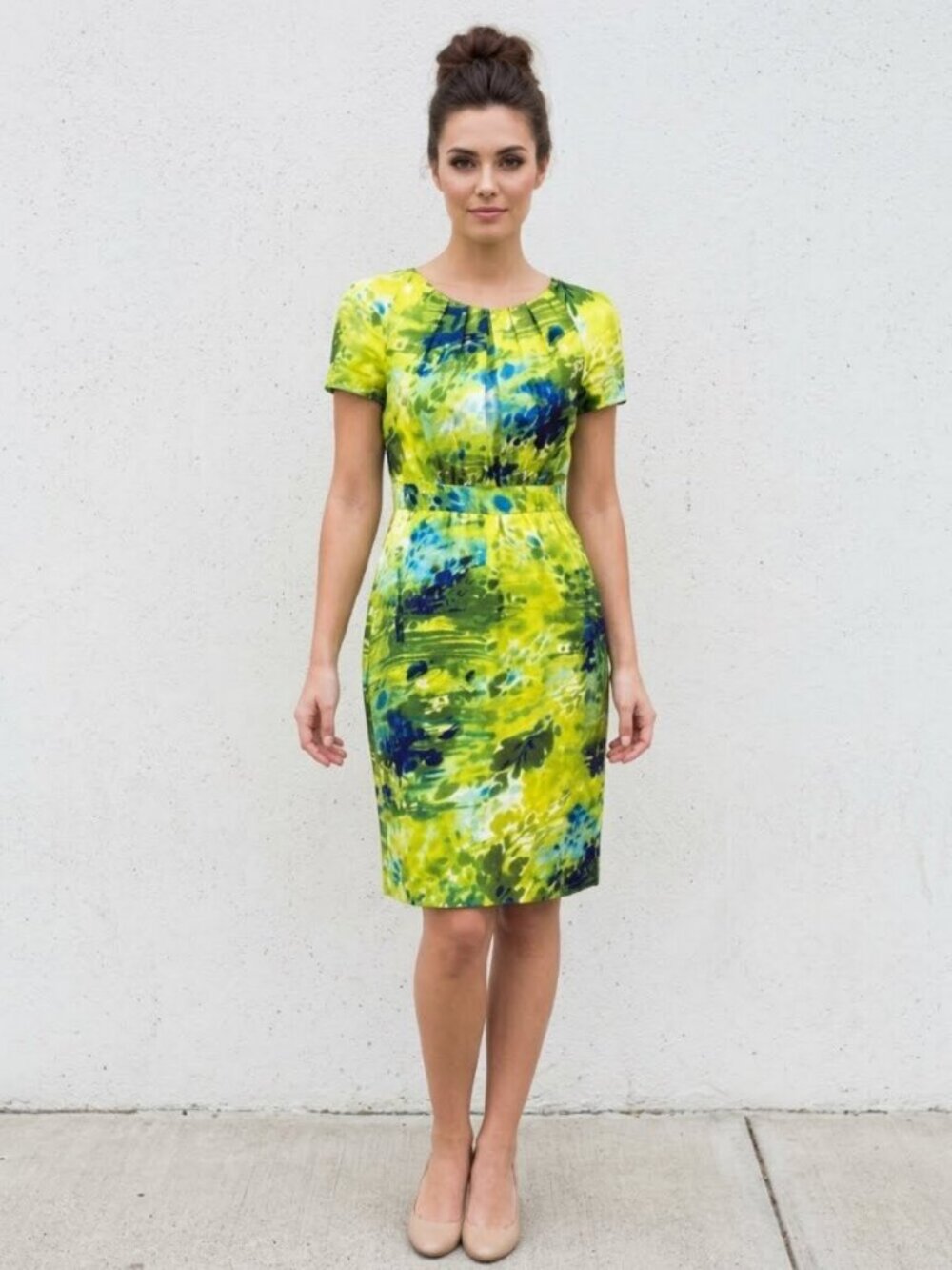 Peter Som Silk Chartreuse Watercolor Print Pleated Pocket Knee Length Dress 0